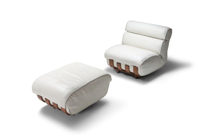 Luciano Frigerio walnut and leather lounge chairs with ottoman - 1980's