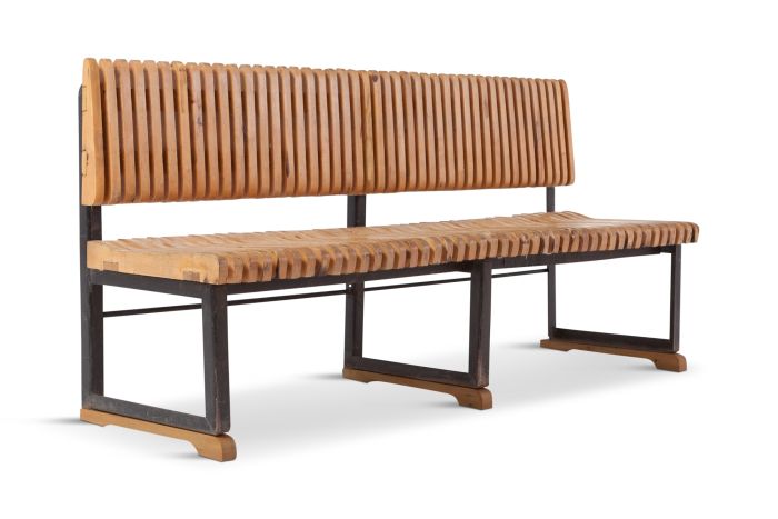 Industrial Bench With Slatted Seat And Backrest - 1950s
