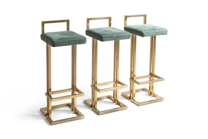 Maison Jansen Brass & Velvet Bar Stools - 1970s
