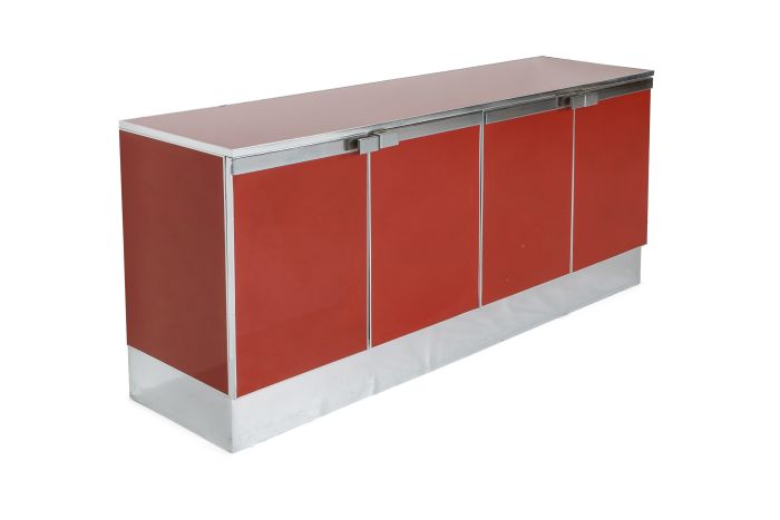 Red Lacquer and Chrome Credenza Style Maison Jansen - 1980s