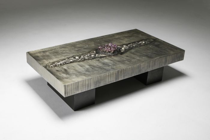 Aluminum Etched Coffee Table with Amethyst Inlay by Marc D'Haenens - 1970's