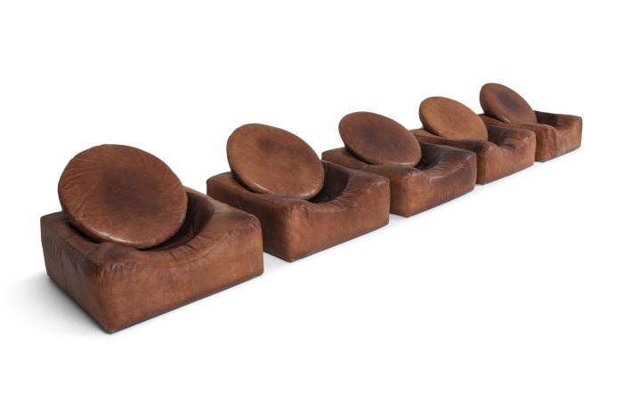 Leather Lounge Chairs with Adjustable Demi Circular Cushion - 1970s