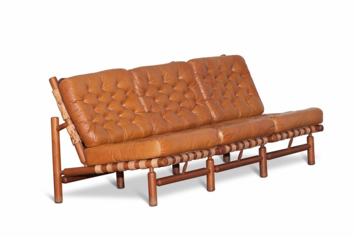 Cognac Leather And Wood Lounge 3 Seater Sofa, Ilmari Tapiovaara - 1958