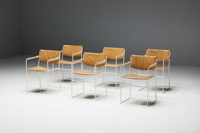 Modernist Dining Chairs in Metal and Camel Leather - 1980s