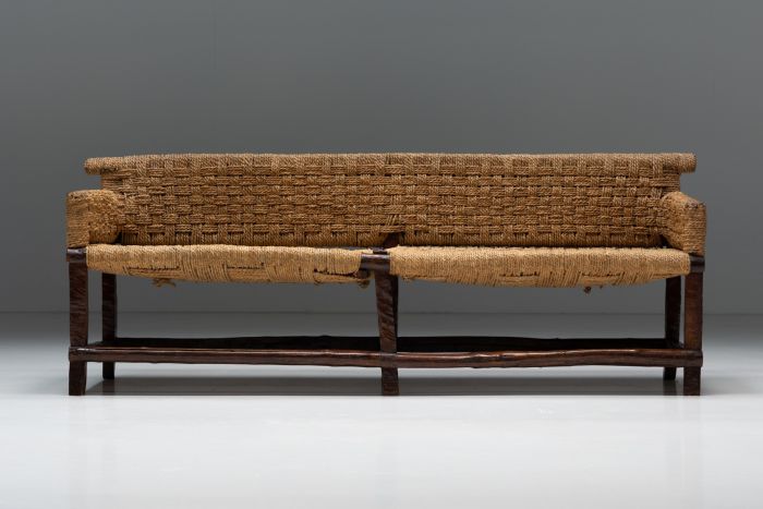 Naive Folk Art Bench with Woven Seating - 1920s