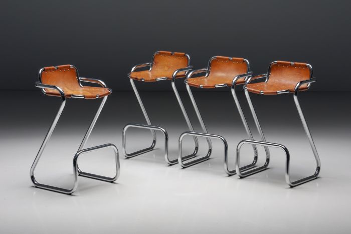 Perriand Style Les Arcs Cognac Leather Barstools - 1960's
