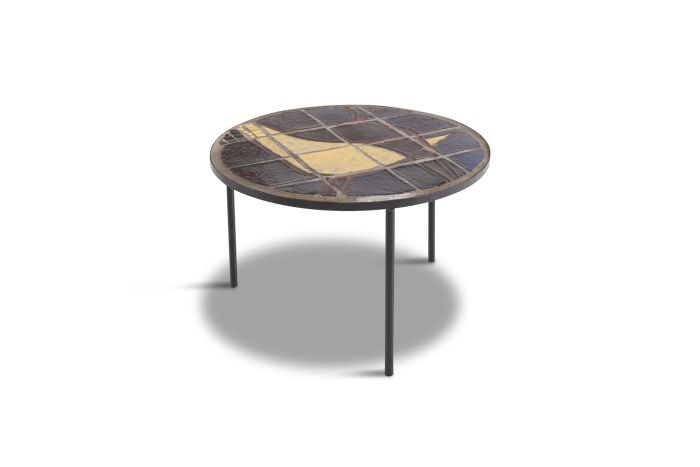 Mid-century Coffee Table with Black Steel Frame & Mosaic Inlay - 1950s