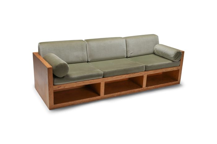 Moss green velvet and pitch pine three-seat sofa - 1960's
