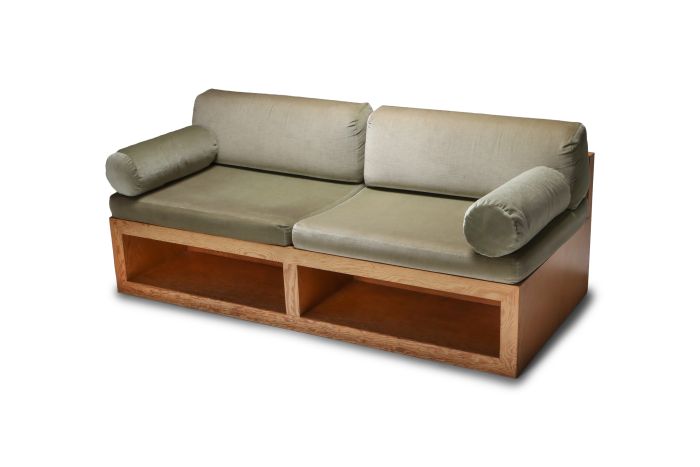 Pitch pine and velvet love seat sofa - 1960's