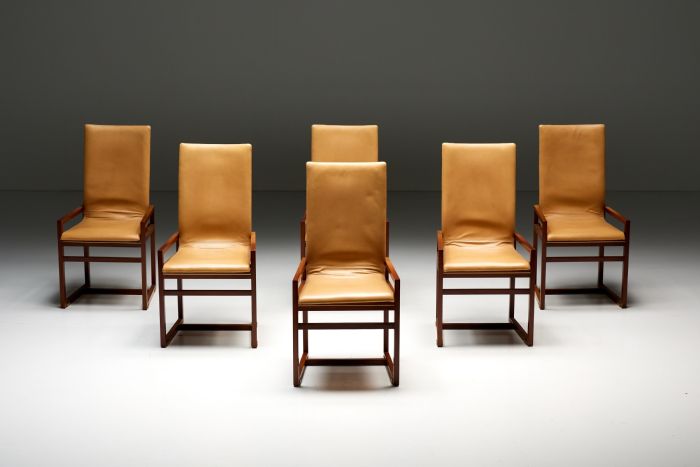 Low Arm Dining Chairs in Natural Leather by Pierre Balmain, France - 1980s