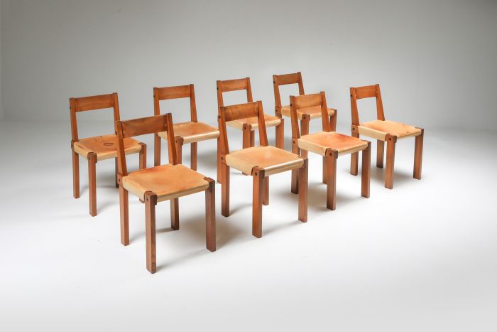 Pierre Chapo Set of Eight 'S24' Chairs in Solid Elm and Natural Leather - 1966