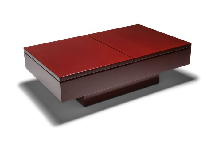 Red Lacquered Sliding Coffee Table, Jean Claude Mahey - 1980s