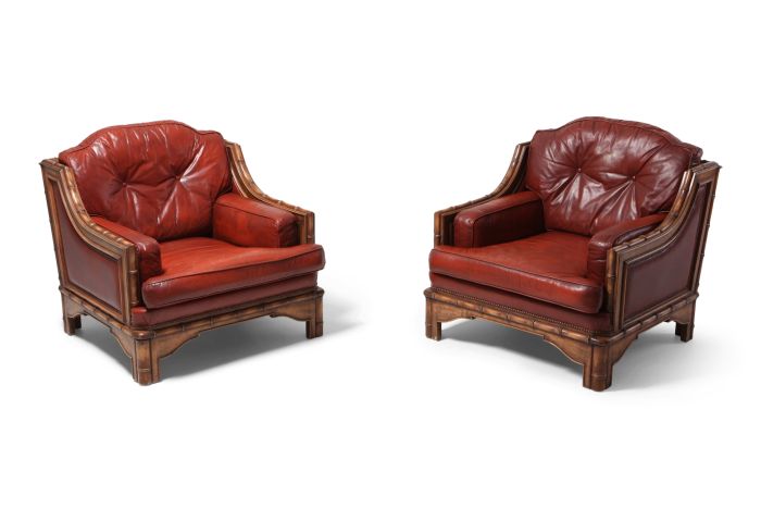 Italian Bamboo and Red Leather Easy Chairs - 1970s