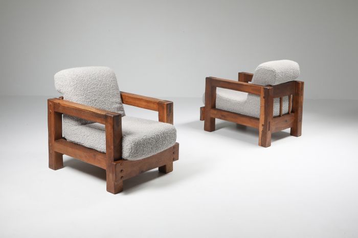 Rustic Modern Primitive Lounge Chairs in Bouclé - 1960s