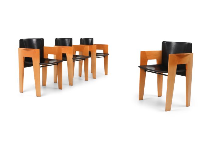 Post-modern Sculptural Leather & Wood Chairs By Arco - 1980s