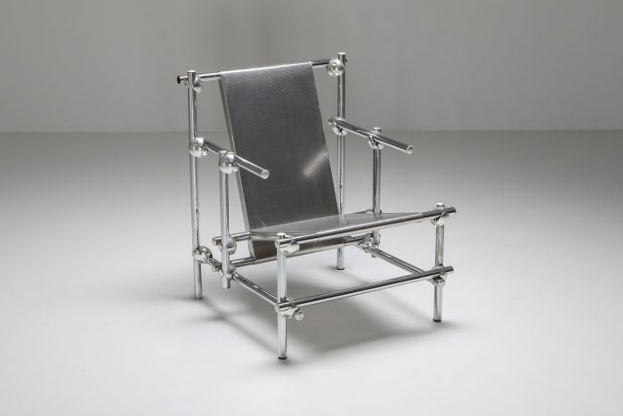 Postmodern Rietveld Style Chromed Metal Lounge Chair - 1970's