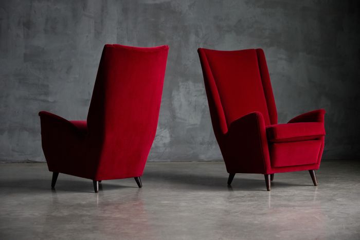 Wingback Chairs in Red Velvet by Gio Ponti - 1950s