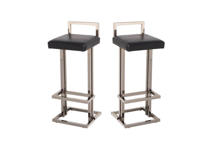 Maison Jansen Chrome and Black Leather Bar Stools - 1970s
