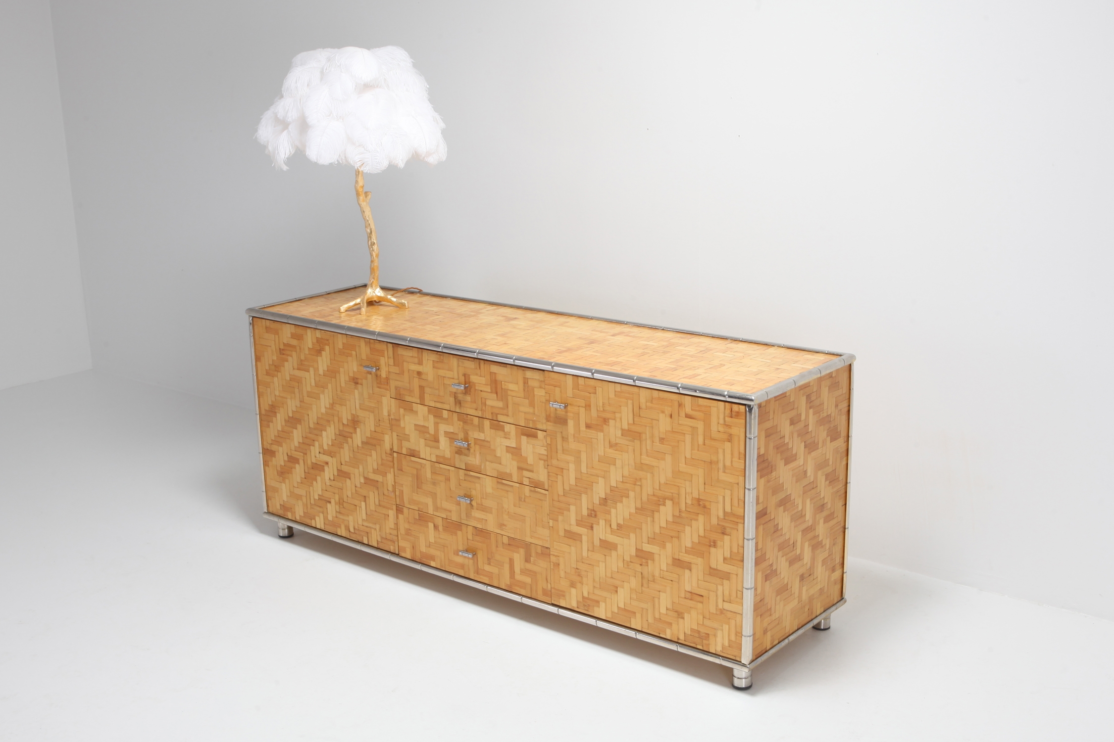 Bamboo Credenza With Faux Bamboo Chrome Frame Gabriella Crespi Style - 1970s