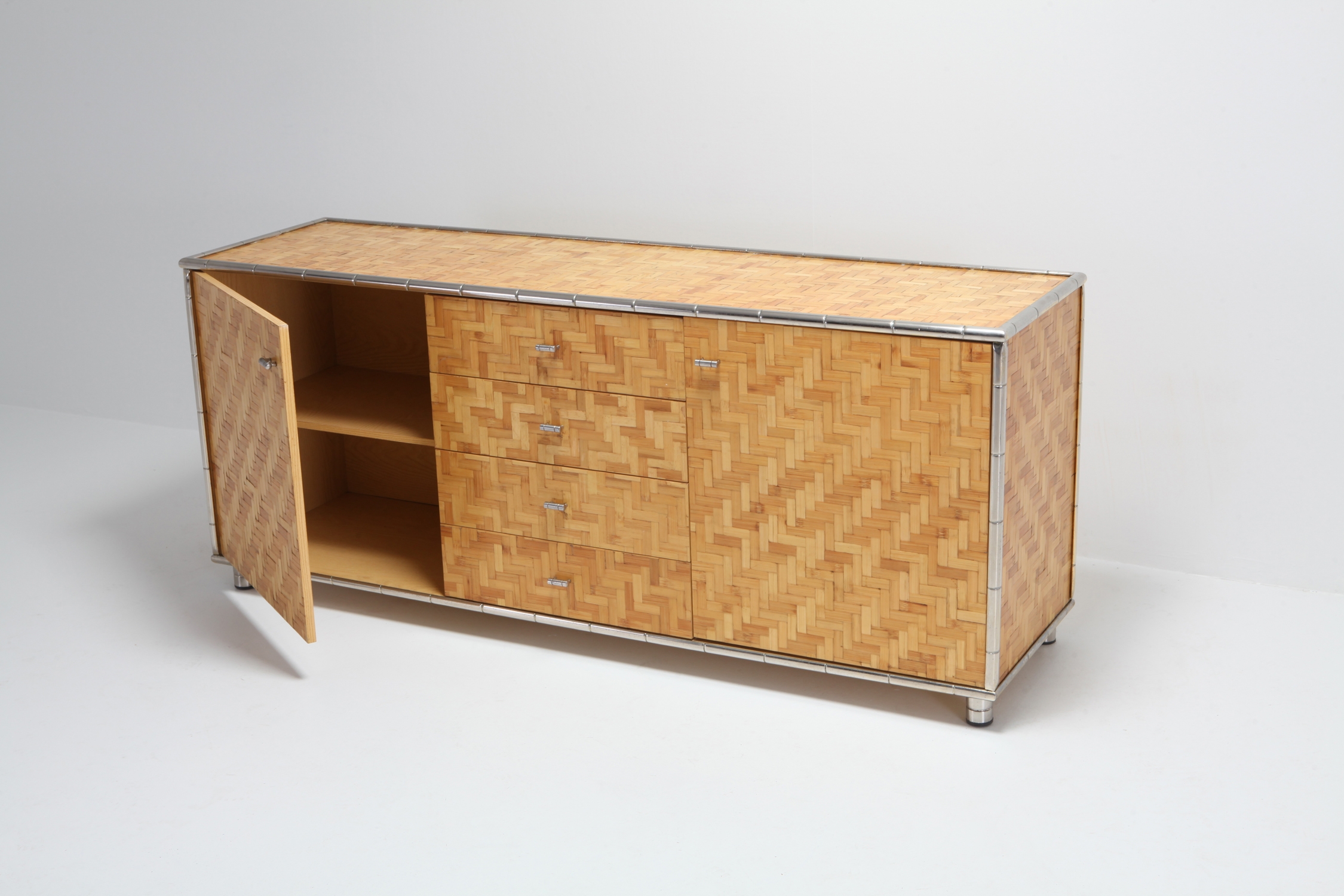 Bamboo Credenza With Faux Bamboo Chrome Frame Gabriella Crespi Style - 1970s