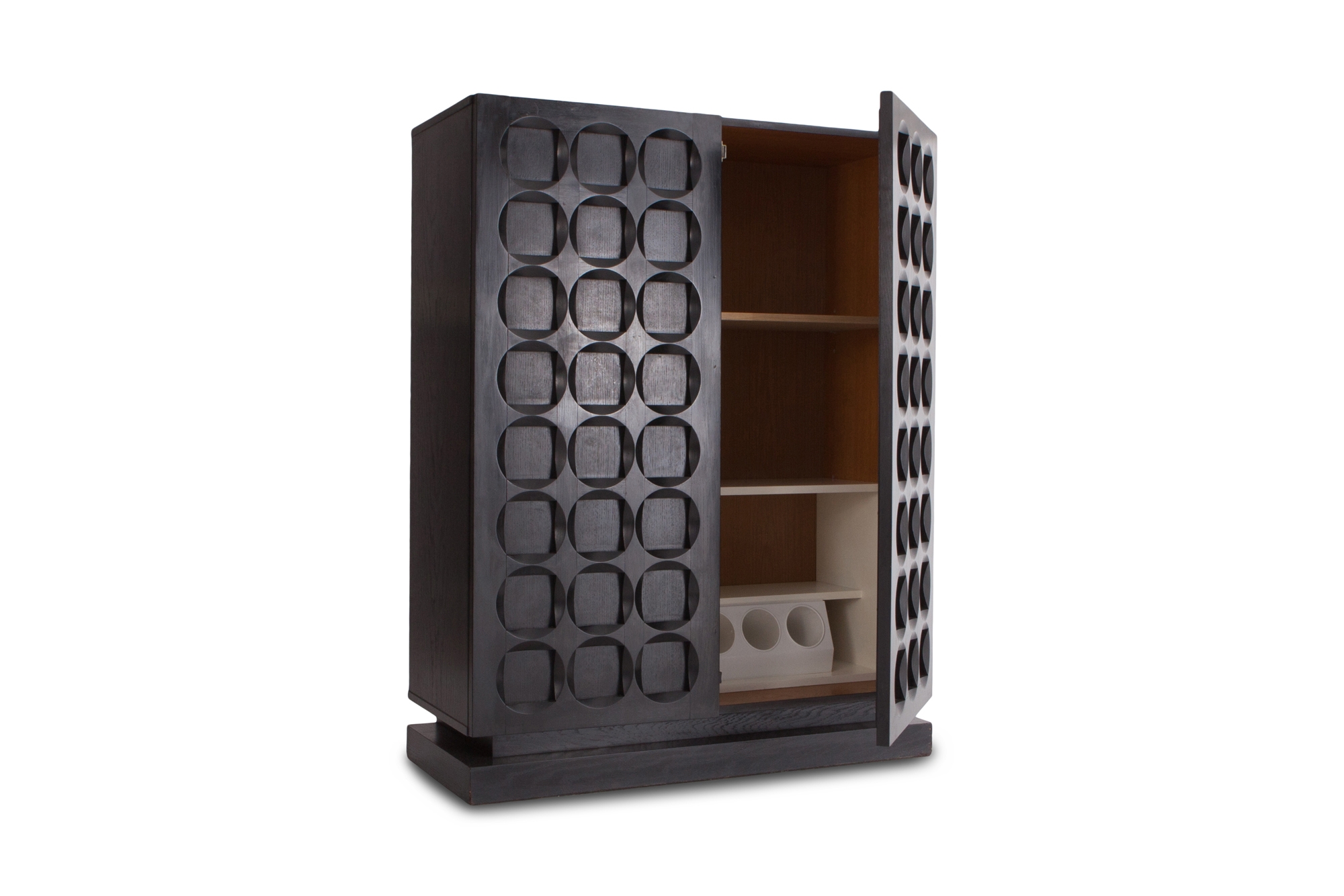 Brutalist Stained Oak High Cabinet with Graphic Door Panels - 1950s