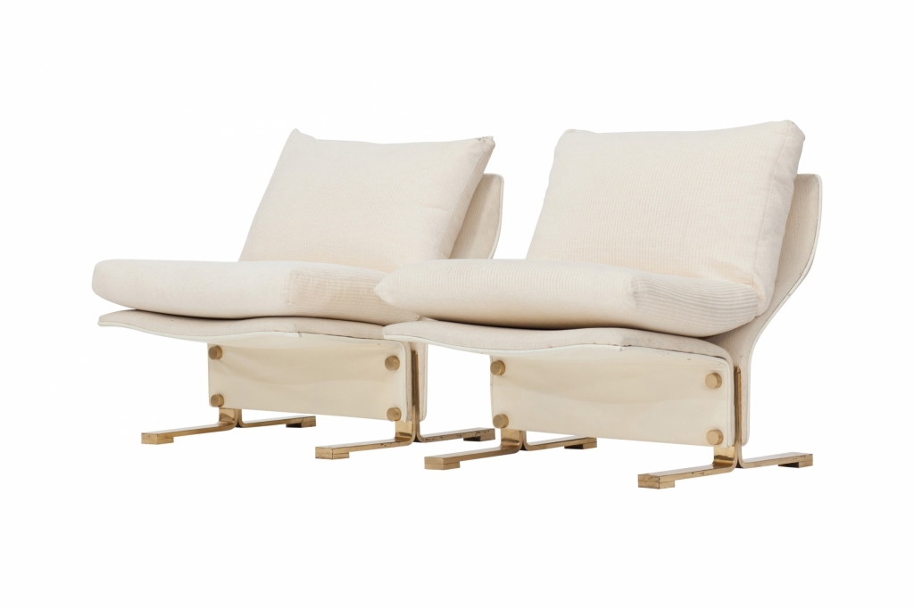White Leather And Brass Easy Chairs, Marzio Cecchi - 1960s