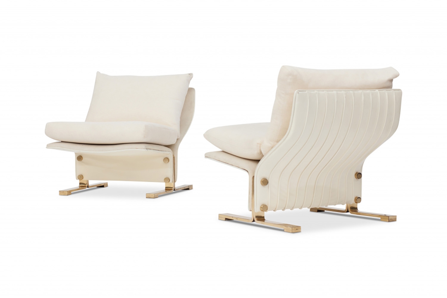 White Leather And Brass Easy Chairs, Marzio Cecchi - 1960s