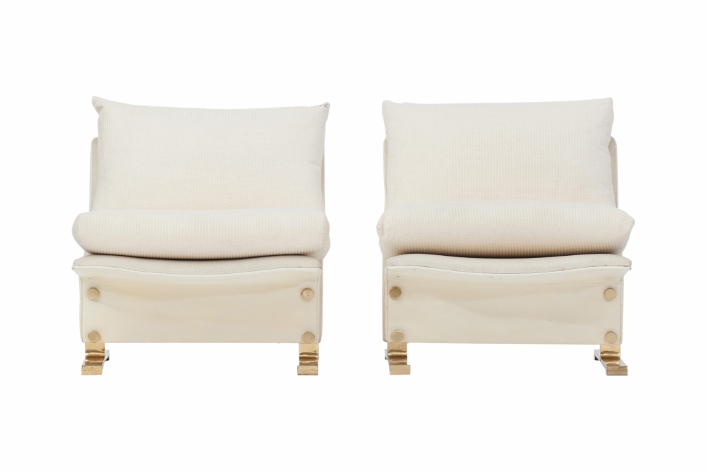 White Leather And Brass Easy Chairs, Marzio Cecchi - 1960s