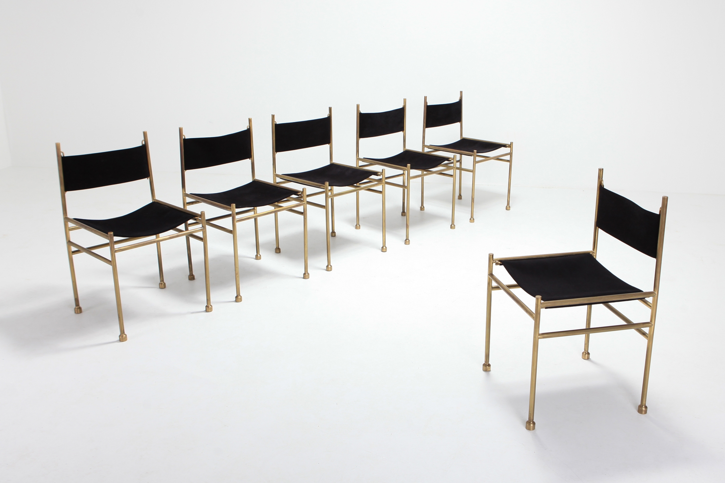 Brass and Black Velvet Dining Chairs by Luciano Frigerio - 1980s