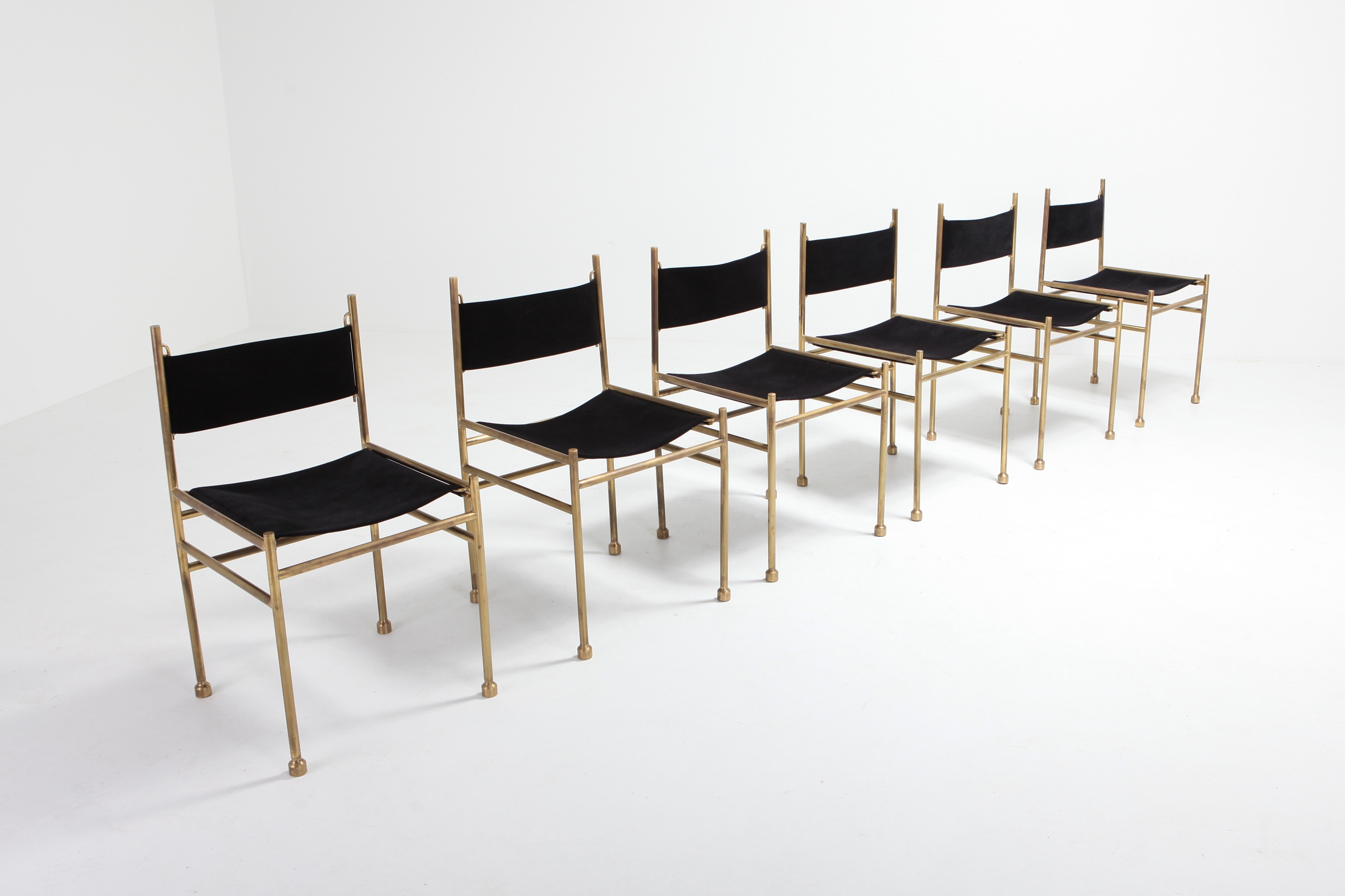 Brass and Black Velvet Dining Chairs by Luciano Frigerio - 1980s