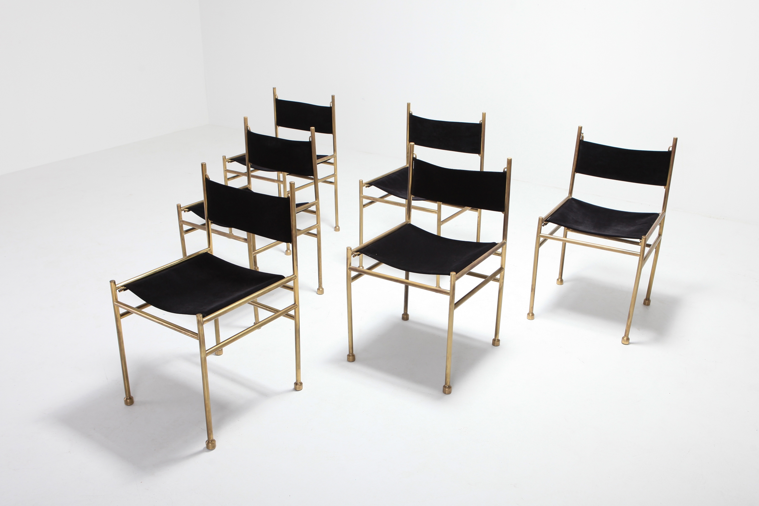 Brass and Black Velvet Dining Chairs by Luciano Frigerio - 1980s