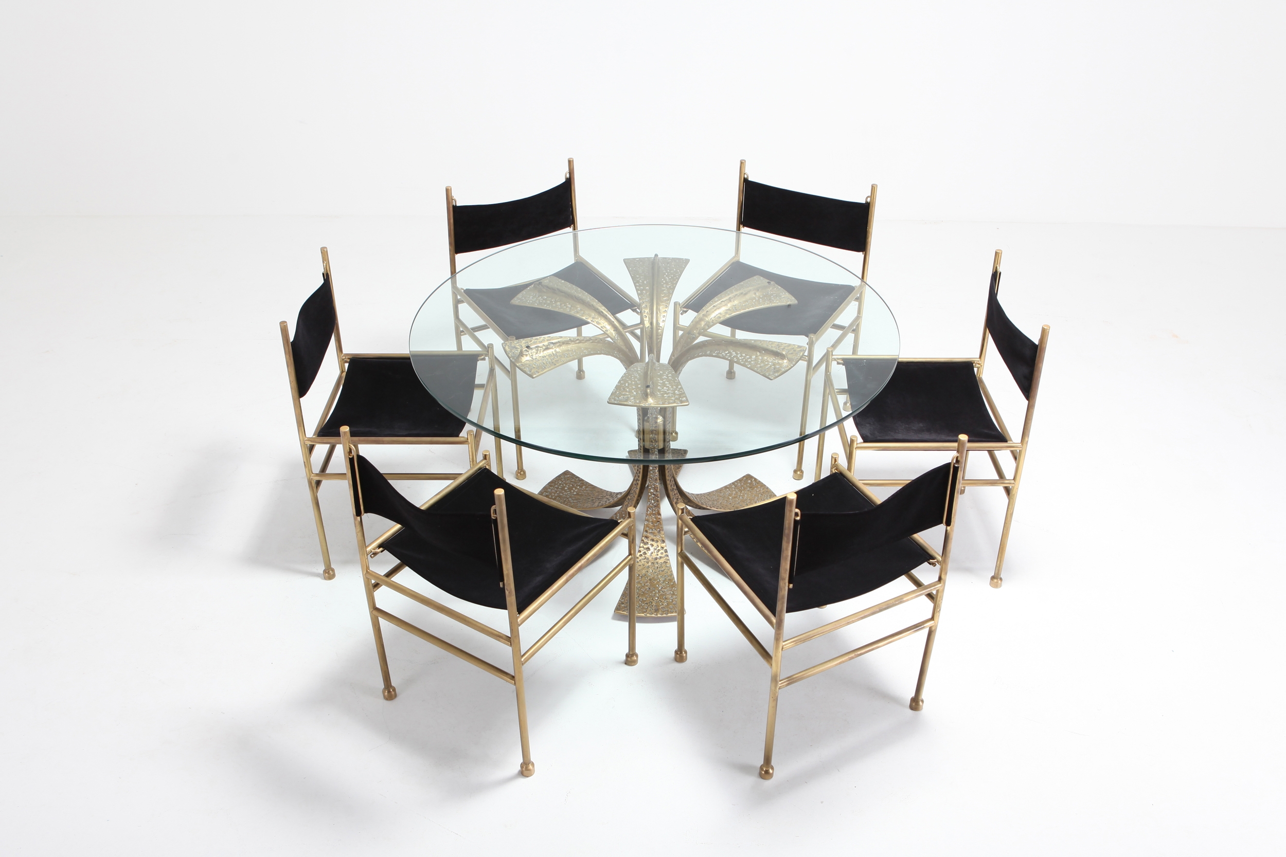 Brass and Black Velvet Dining Chairs by Luciano Frigerio - 1980s