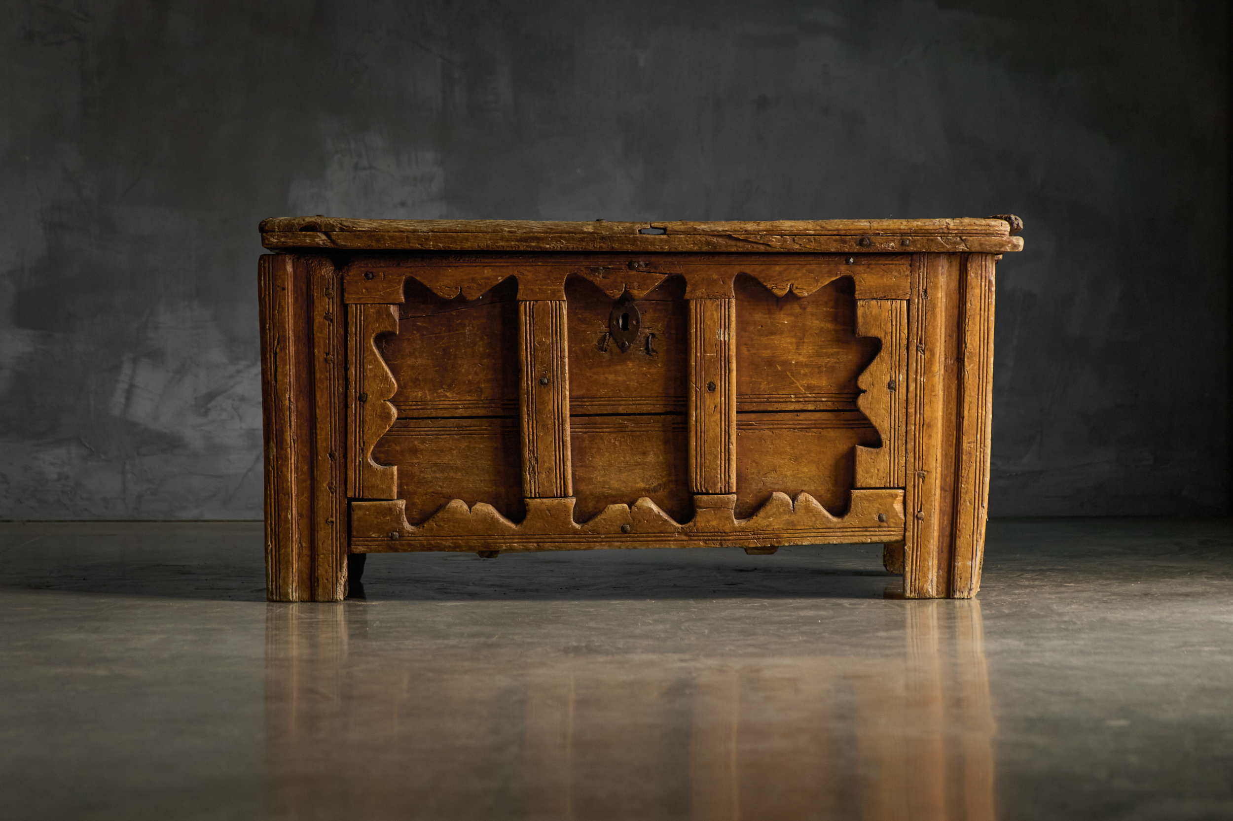 Decorative Folk Art Wooden Chest, France - 19th Century