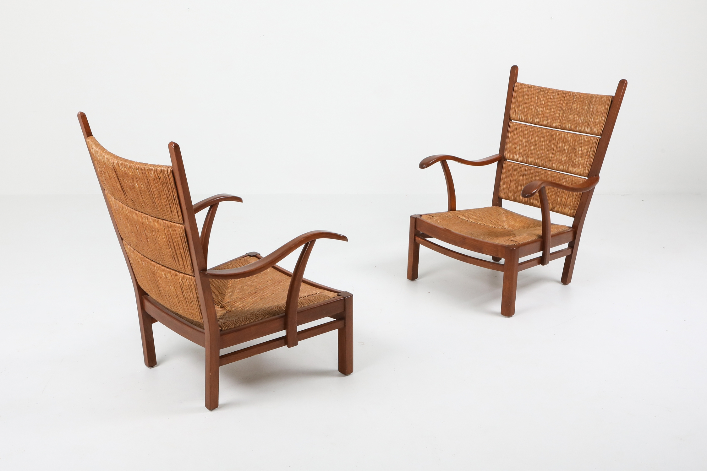 High Back Armchairs in Oak and Straw, attributed by Bas Van Pelt - 1940s