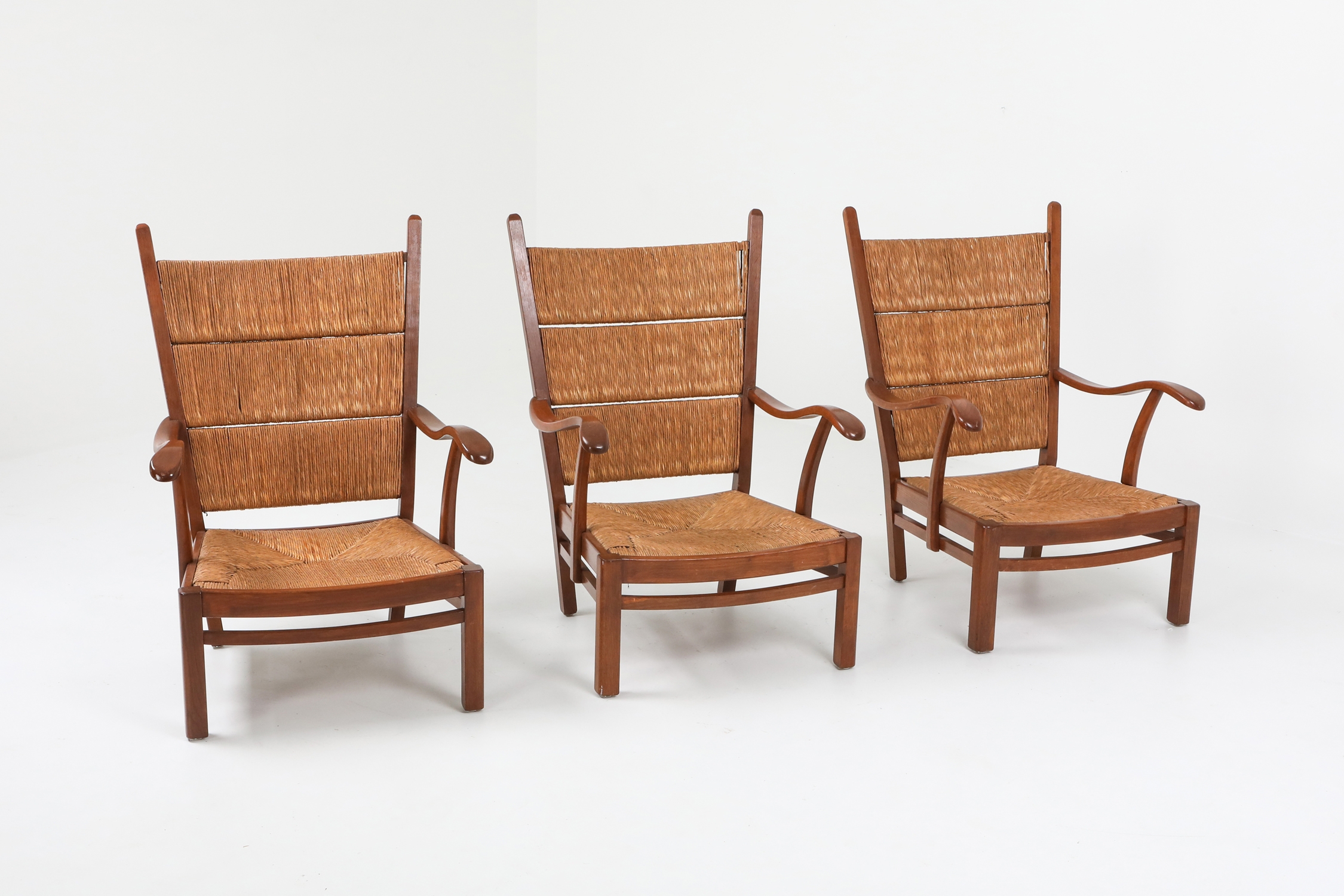 High Back Armchairs in Oak and Straw, attributed by Bas Van Pelt - 1940s