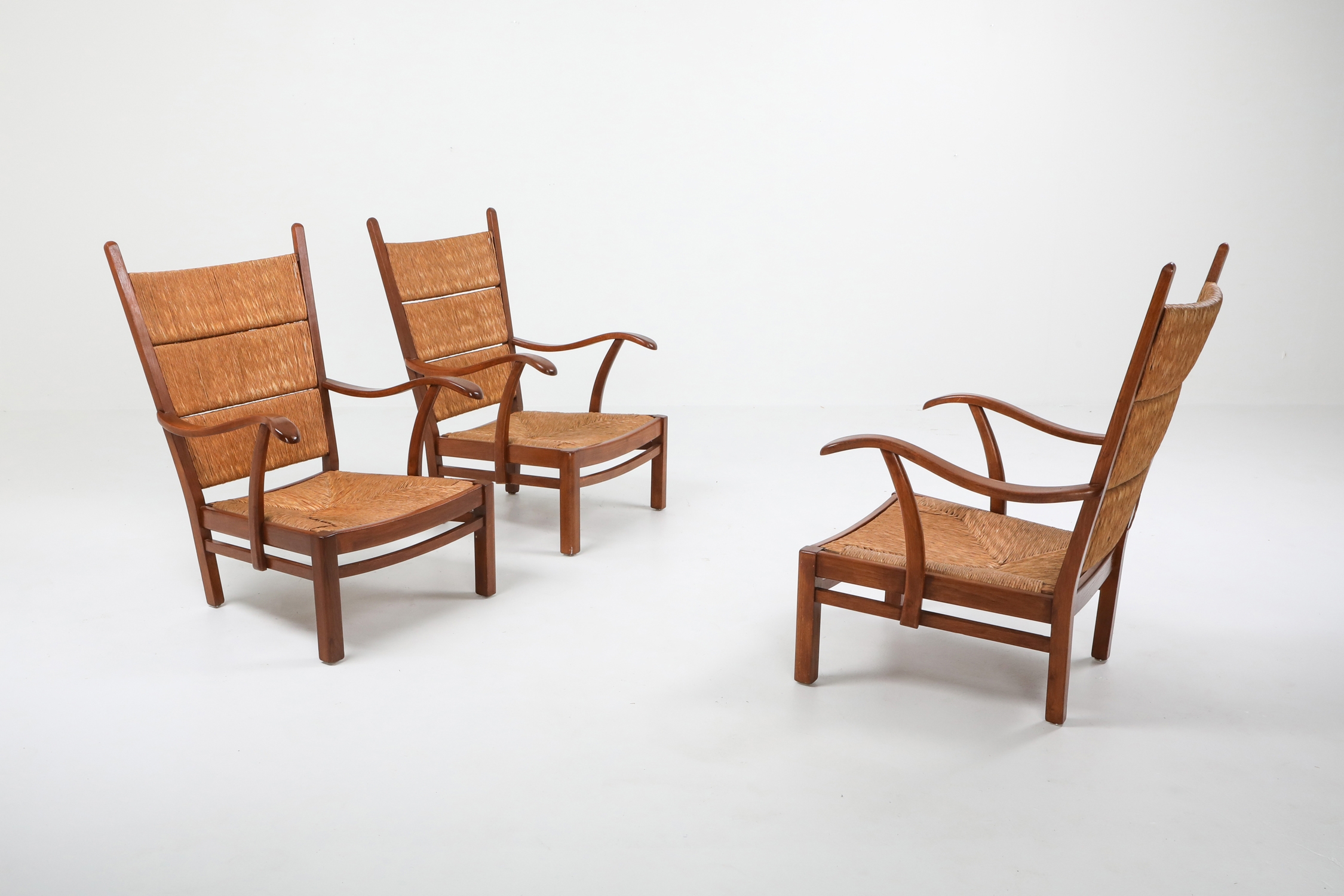 High Back Armchairs in Oak and Straw, attributed by Bas Van Pelt - 1940s