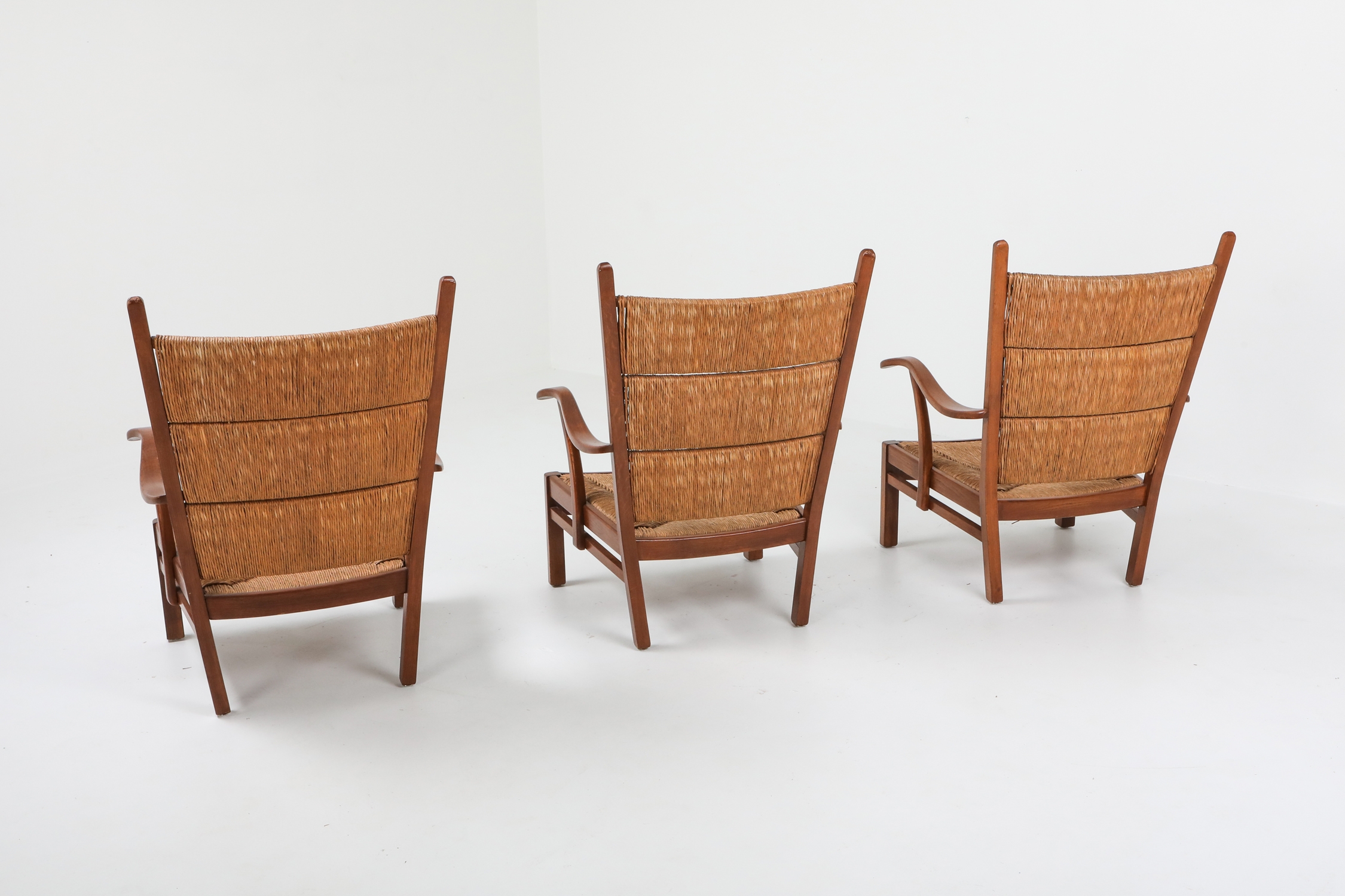 High Back Armchairs in Oak and Straw, attributed by Bas Van Pelt - 1940s