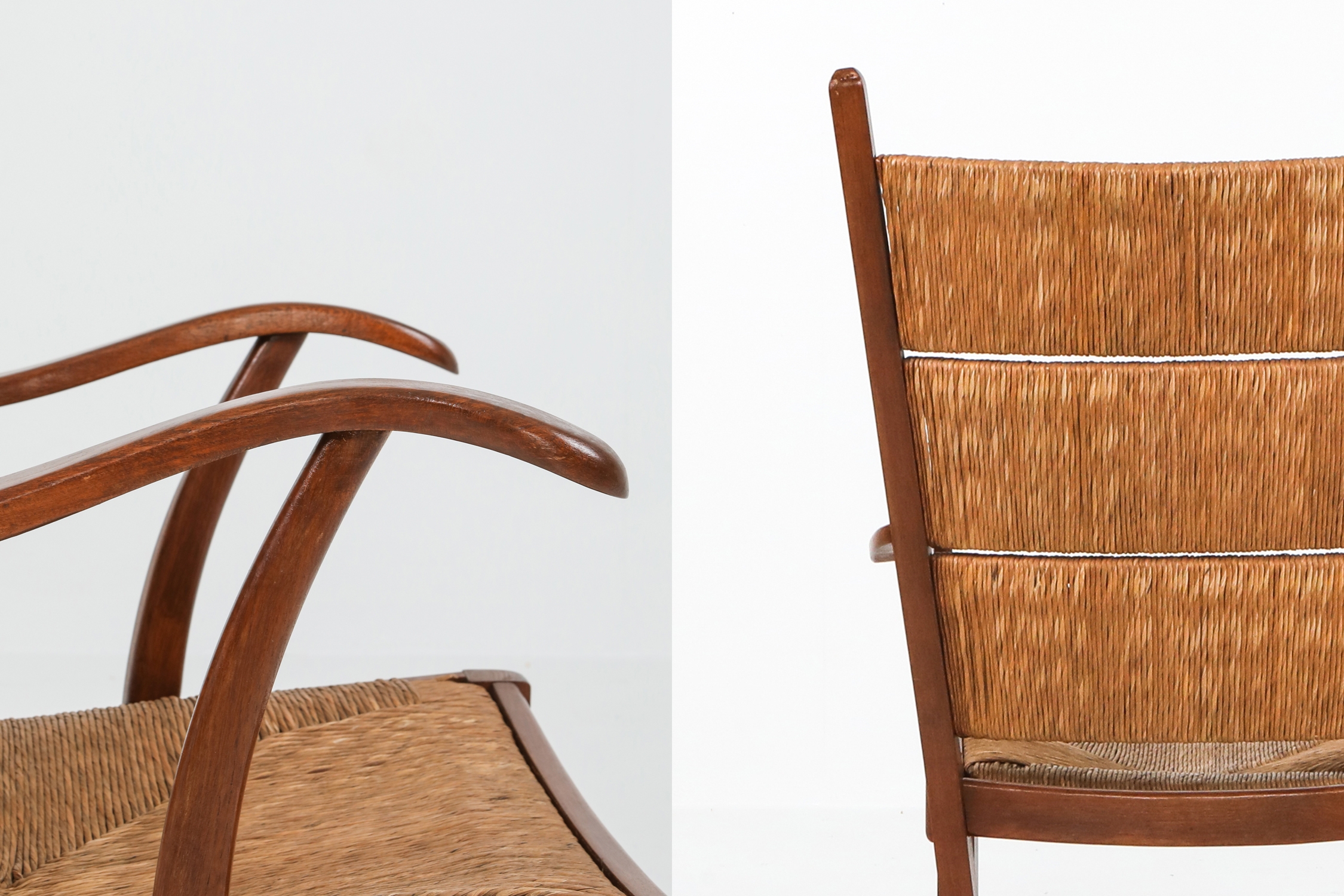 High Back Armchairs in Oak and Straw, attributed by Bas Van Pelt - 1940s