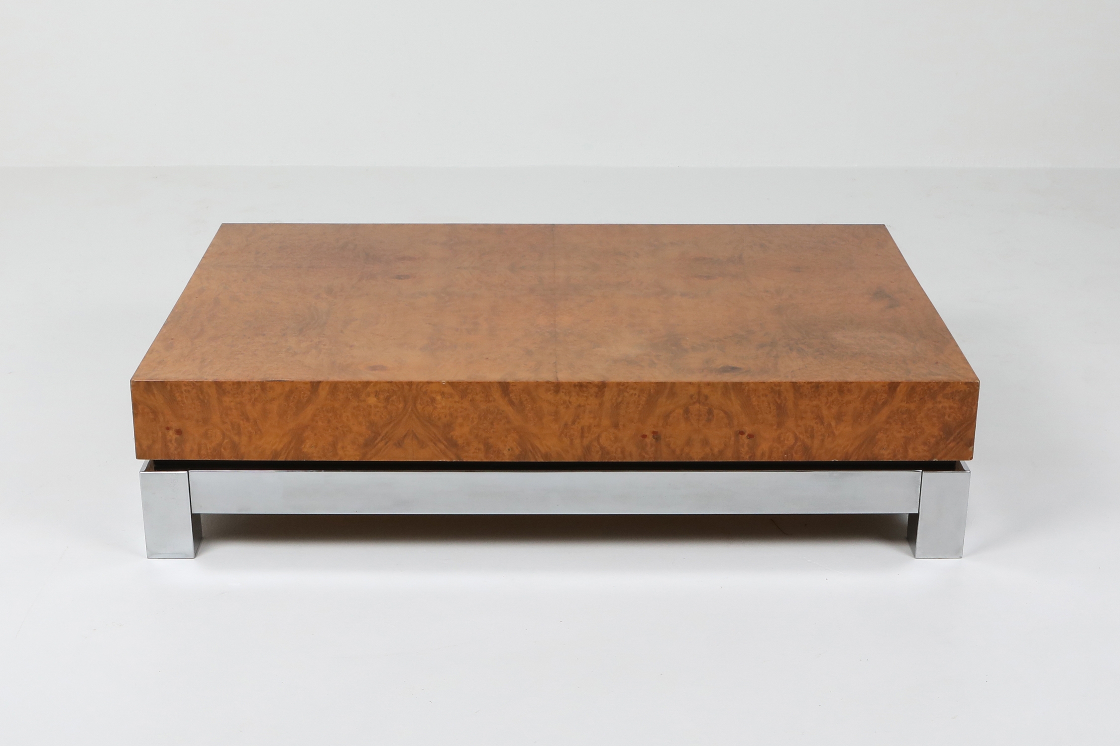 Burl and Chrome Coffee Table in style of Claude Mahey - 1970s