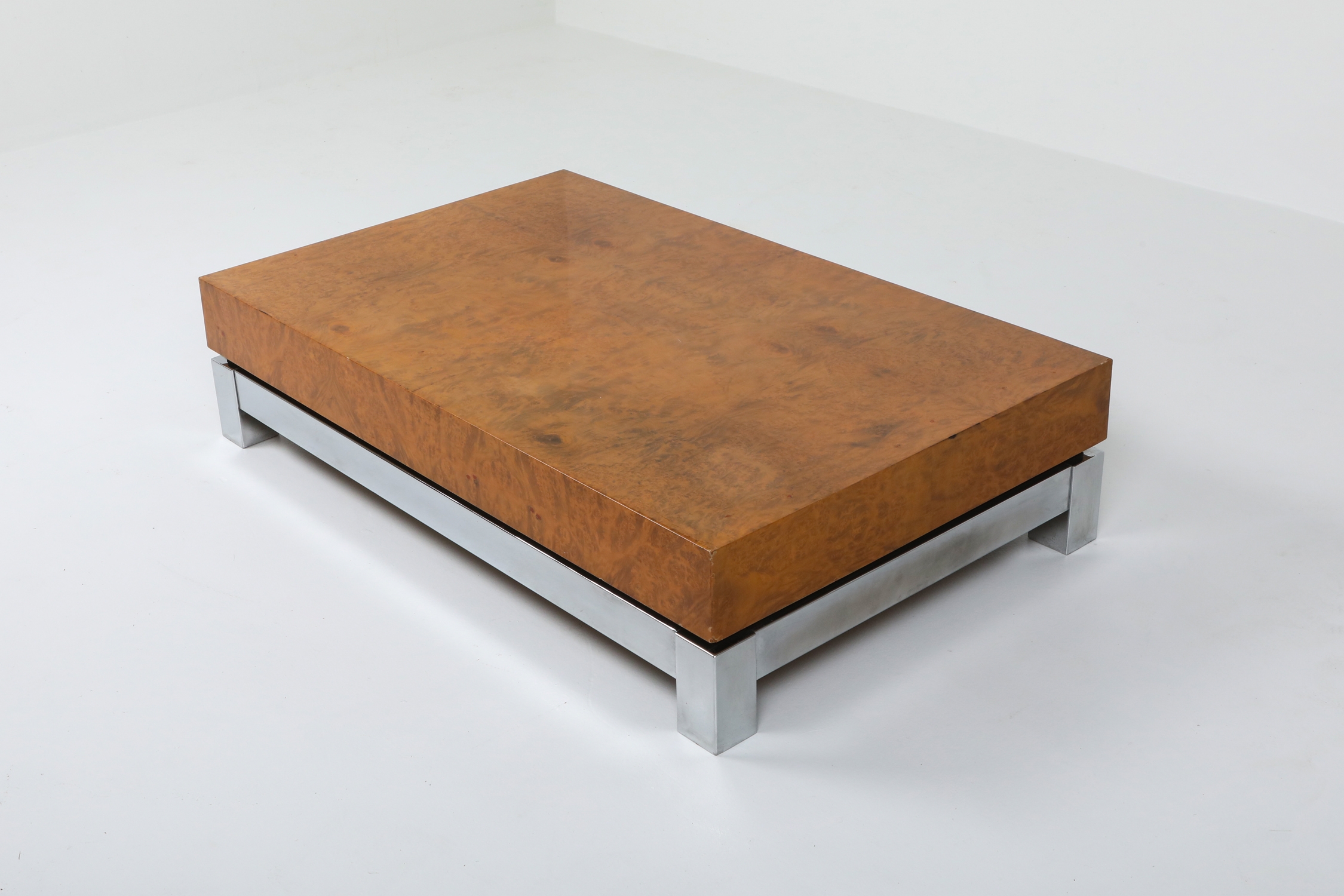 Burl and Chrome Coffee Table in style of Claude Mahey - 1970s