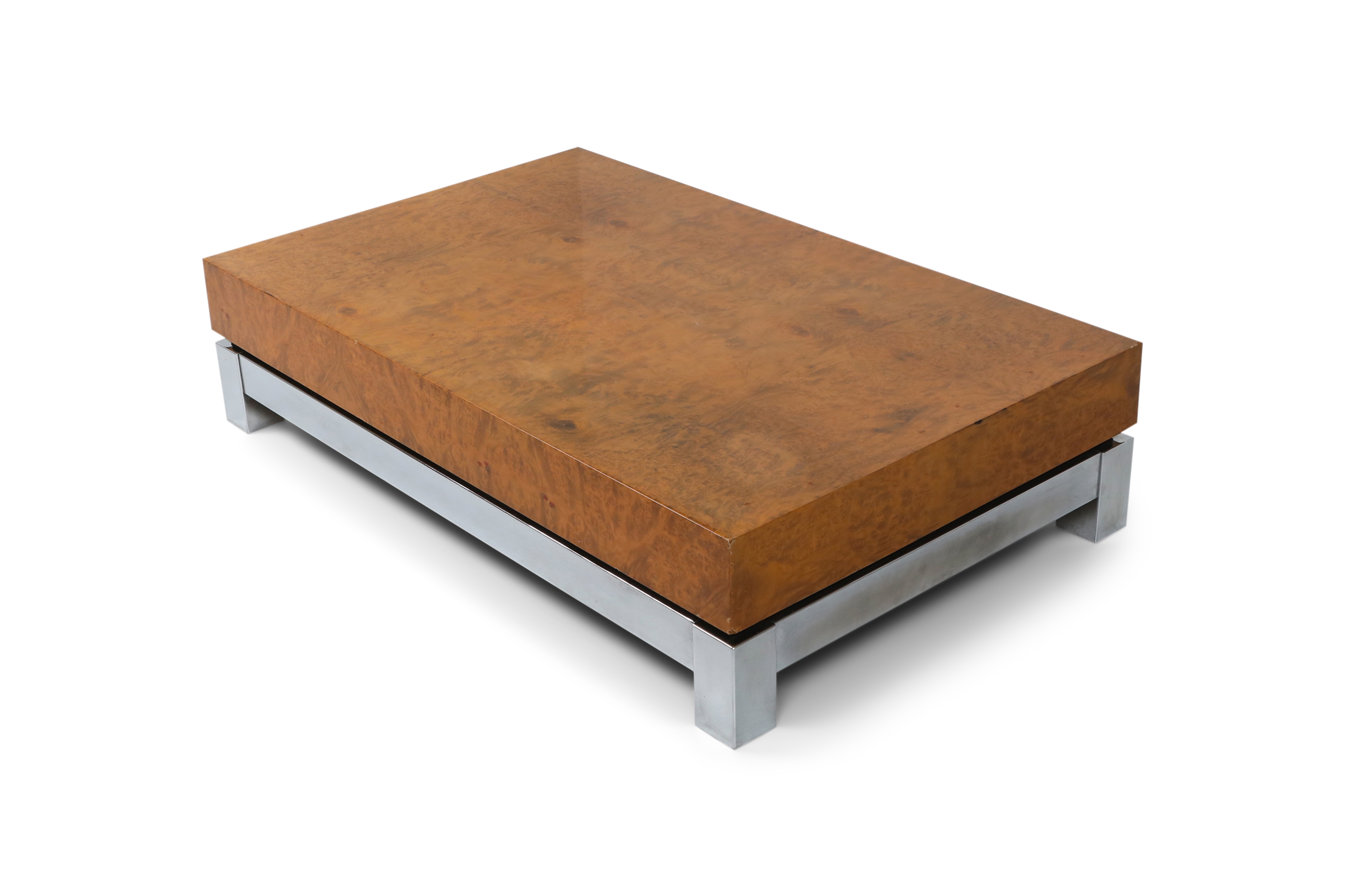 Burl and Chrome Coffee Table in style of Claude Mahey - 1970s