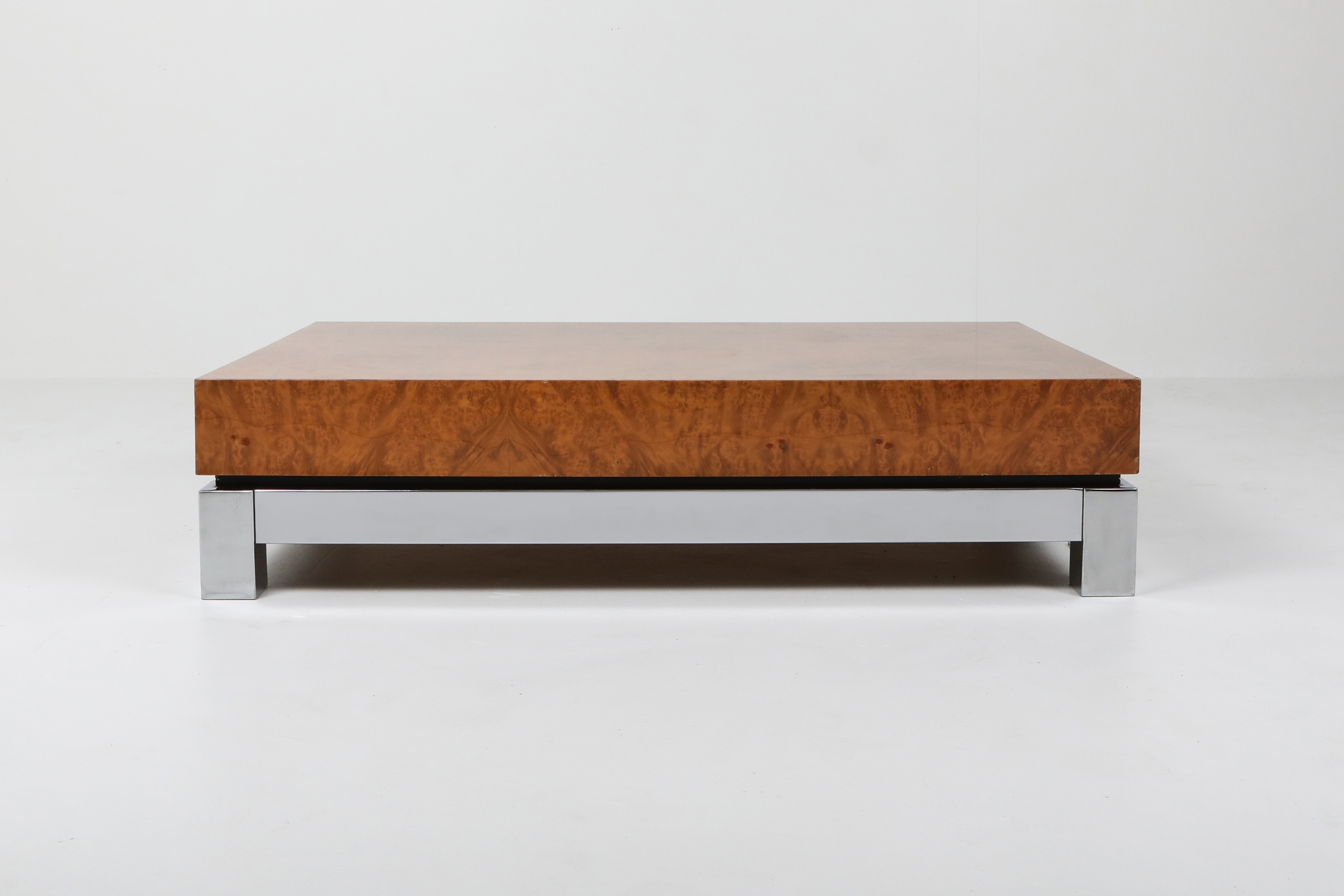 Burl and Chrome Coffee Table in style of Claude Mahey - 1970s
