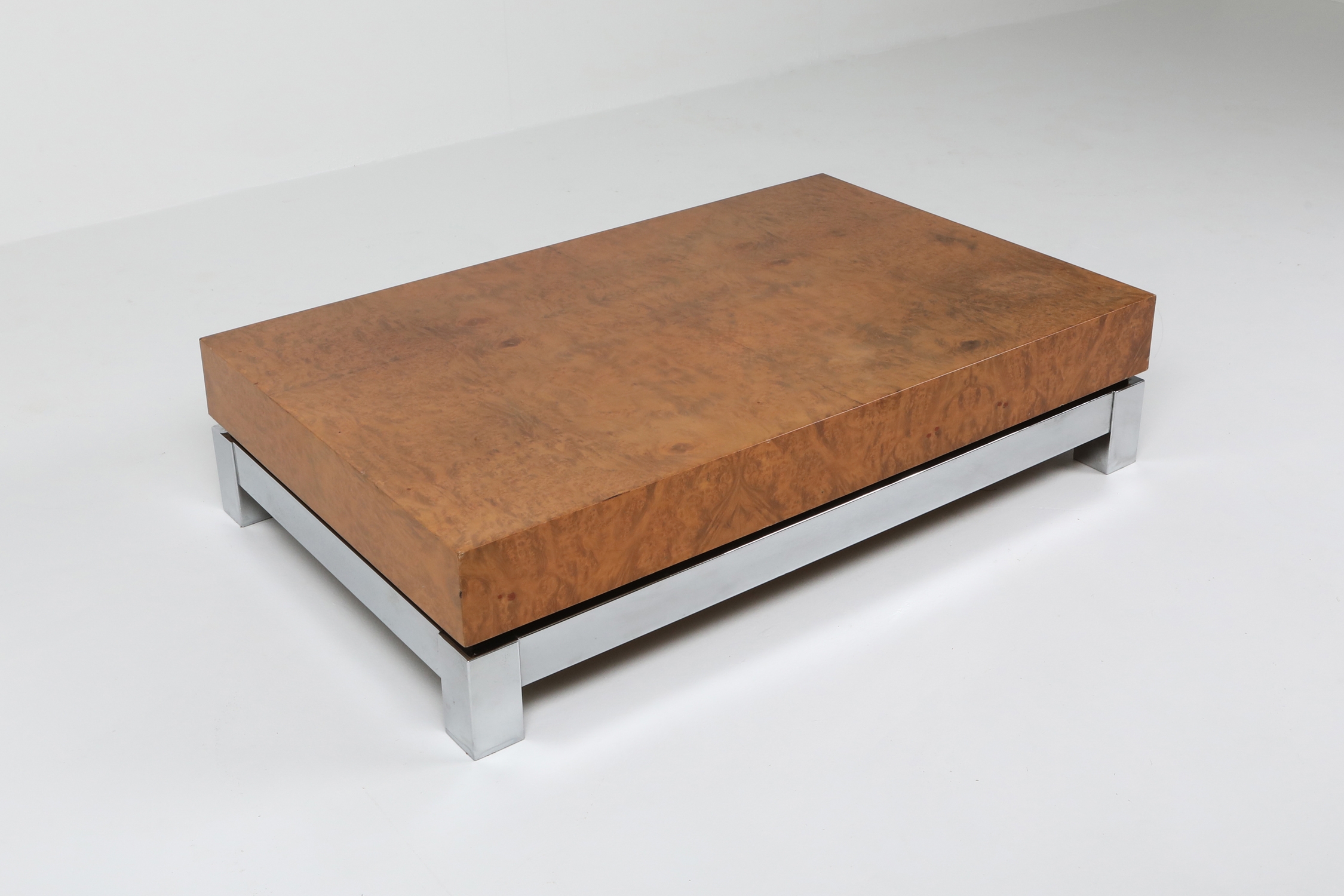 Burl and Chrome Coffee Table in style of Claude Mahey - 1970s