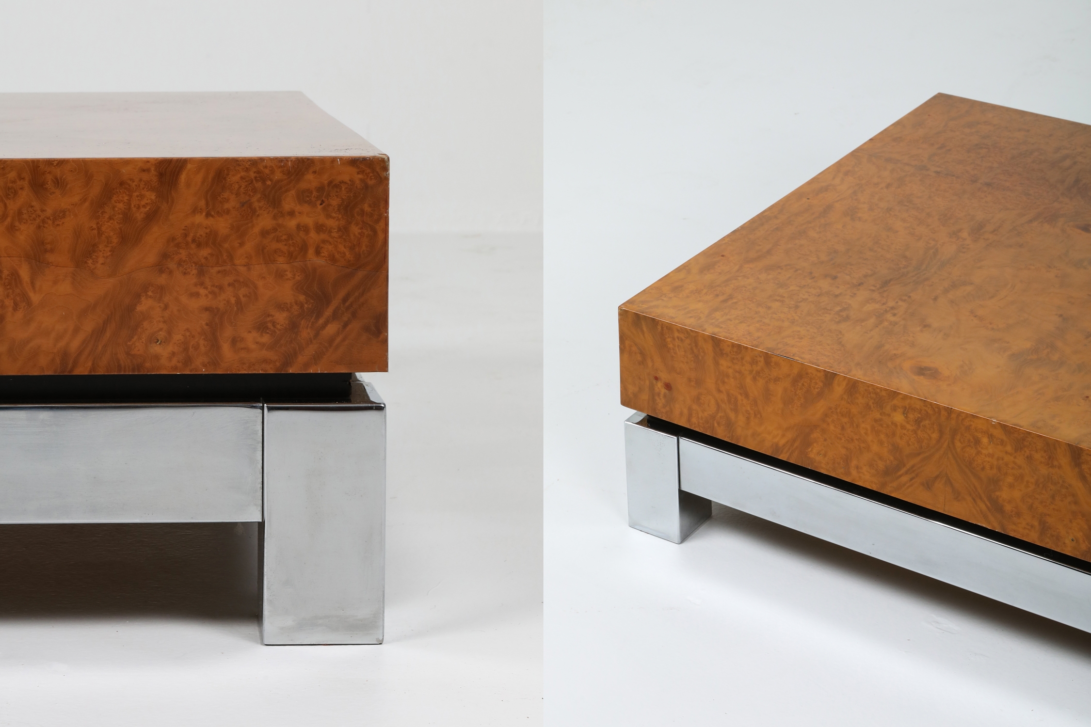 Burl and Chrome Coffee Table in style of Claude Mahey - 1970s