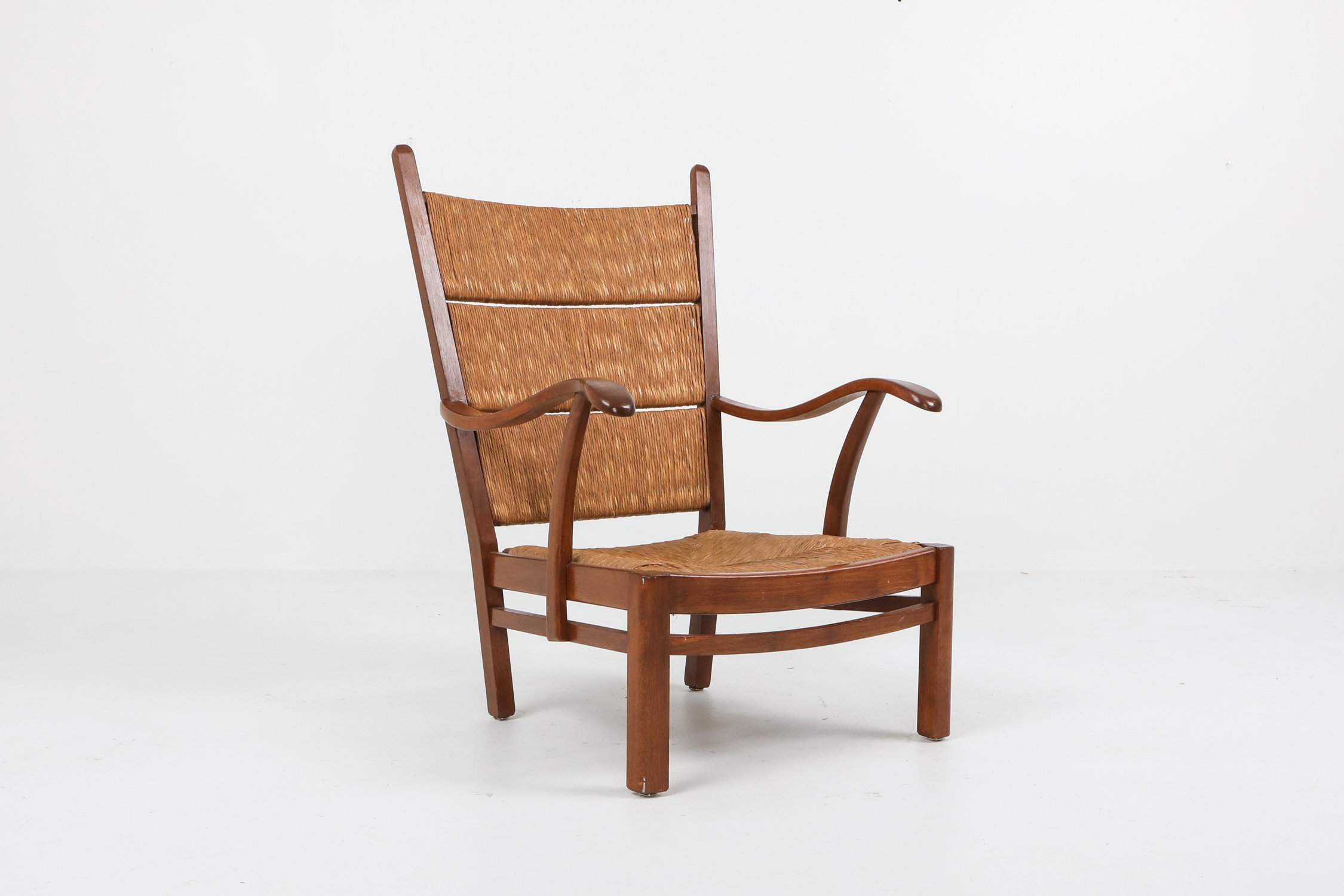 High Back Armchairs in Oak and Straw, attributed by Bas Van Pelt - 1940s