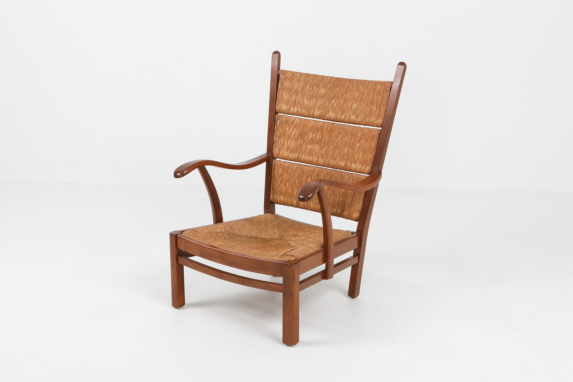 High Back Armchairs in Oak and Straw, attributed by Bas Van Pelt - 1940s