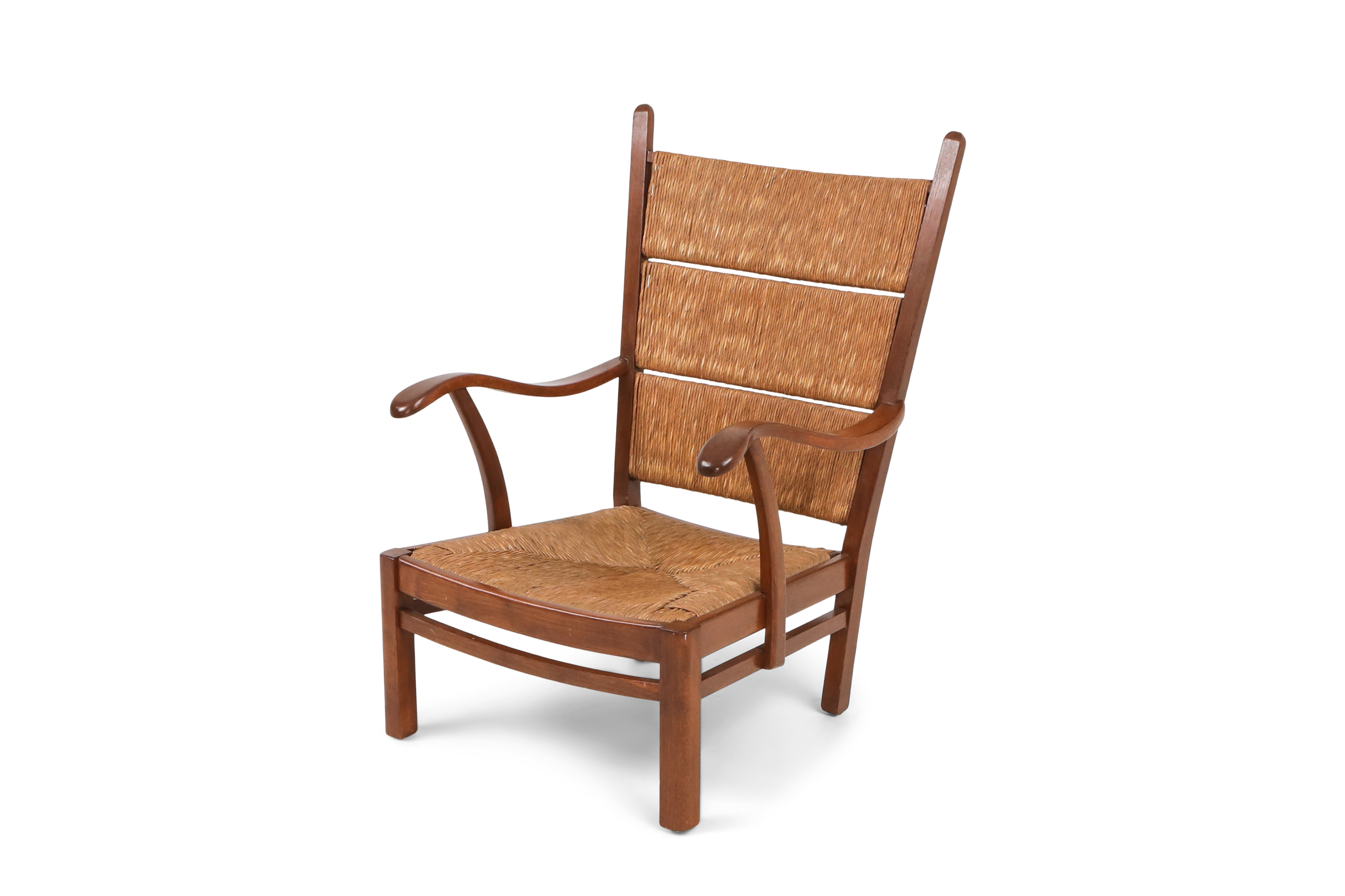 High Back Armchairs in Oak and Straw, attributed by Bas Van Pelt - 1940s