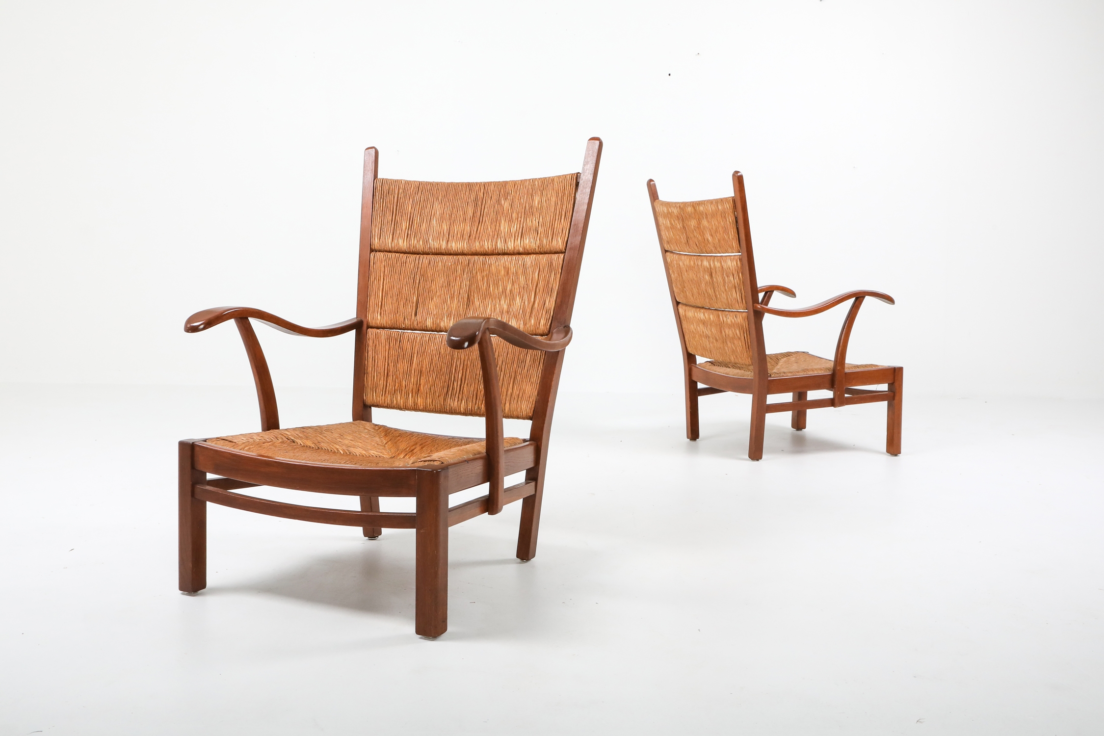 High Back Armchairs in Oak and Straw, attributed by Bas Van Pelt - 1940s