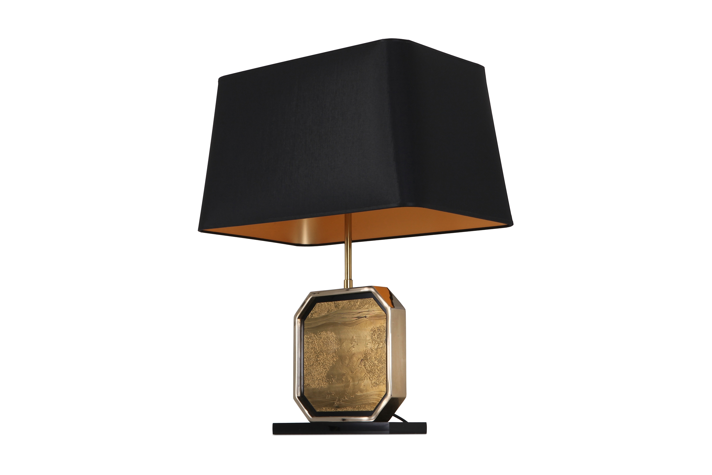 Hollywood Regency Table Lamp in 24-Karat Gold and Brass Etched Artwork by Maho - 1970s
