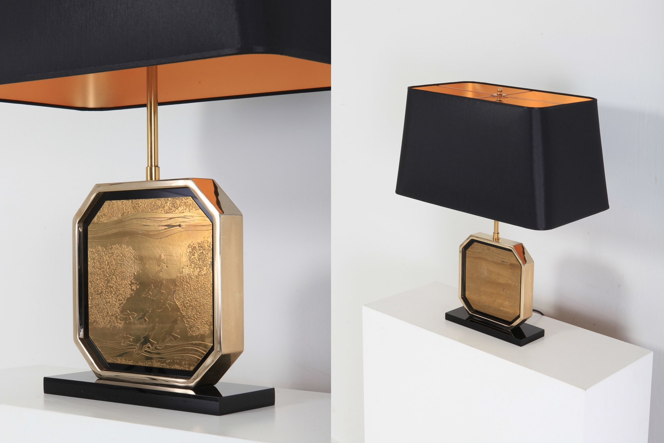 Hollywood Regency Table Lamp in 24-Karat Gold and Brass Etched Artwork by Maho - 1970s